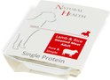 Doosje Natural Health hondenvoer met "Lamb & Rice Steamed Meat Adult" en "Single Protein".