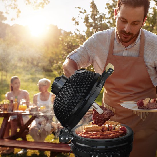 KitchenBrothers Kamado BBQ - 13 Inch Houtskoolbarbecue - 27⌀ cm - Deluxe Set - Egg BBQ met Accessoires - Zwart - KitchenBrothers