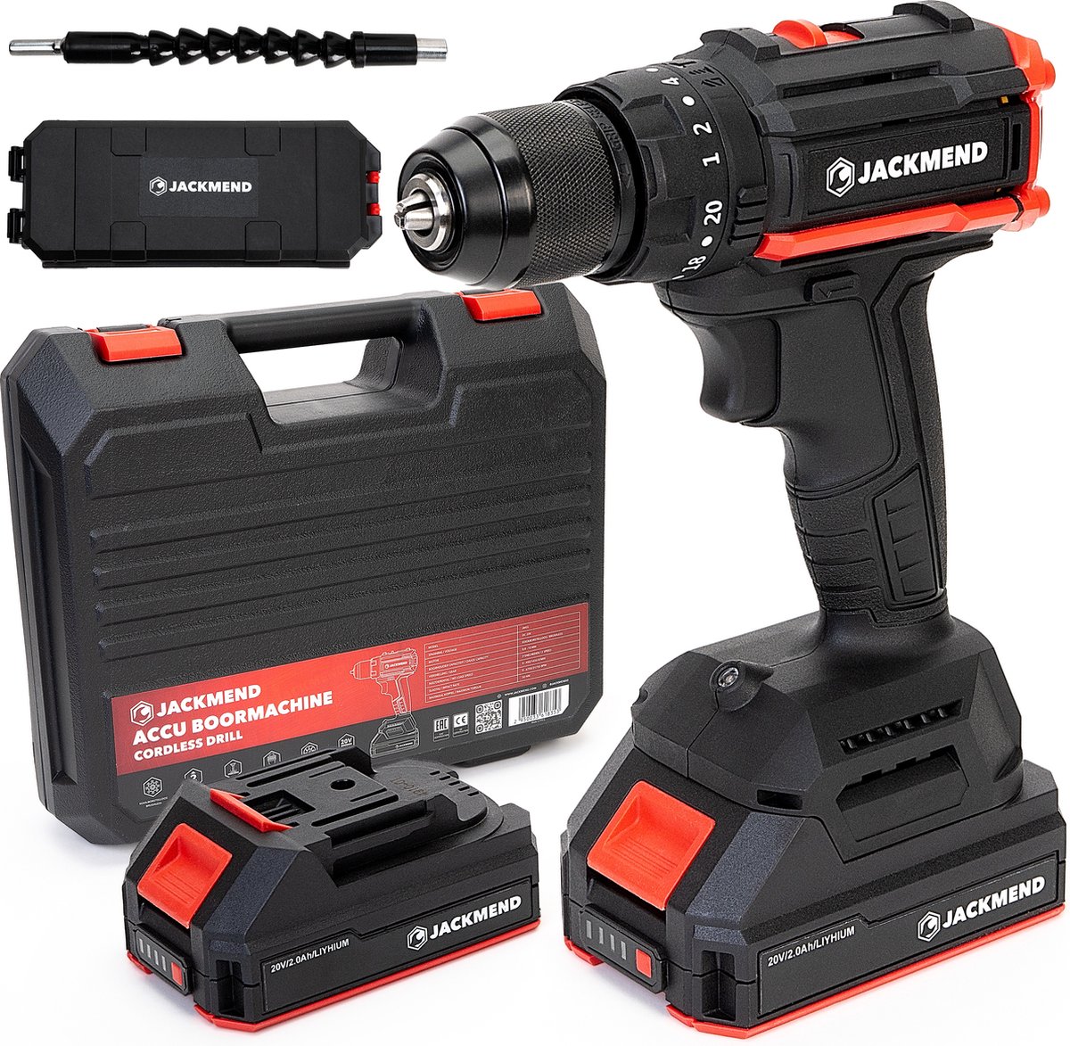 JACKMEND Accuboormachine Kit Incl. 2x 20V 2.0Ah Li-ion Accu s en Lader met Bits Schroefboormachine met 48-delige Accessoires Set Schroefmachine Geschikt voor Hout Steen Metaal Opbergkoffer met Schroefbits Accu Boormachine