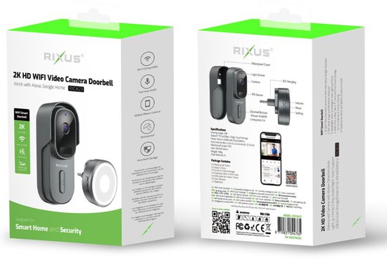 Rixus RXCM23 Smart 2K Wifi video deurbel - Draadloze deurbel - op batterijen - met camera - Grijs van Rixus — afbeelding 4