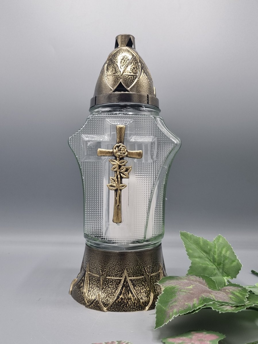 Herdenkingslicht - R-1b-zl - Kruis - Roos - Goud - Grafkaars – Graflicht – Graflantaarn – Grafdecoratie - Windlicht