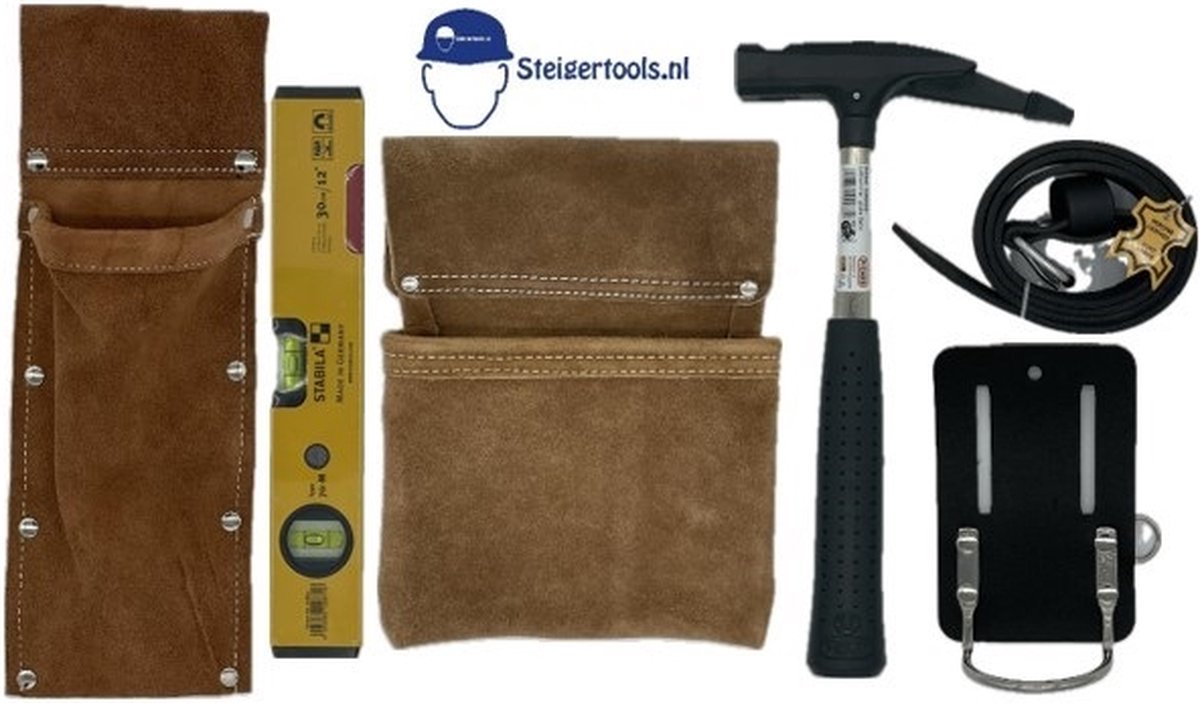 Steigerbouwset / Steigerriem / Gereedschapsriem met Stabila magnetische blokwaterpas, Picard steigerhamer 600gr. en houders