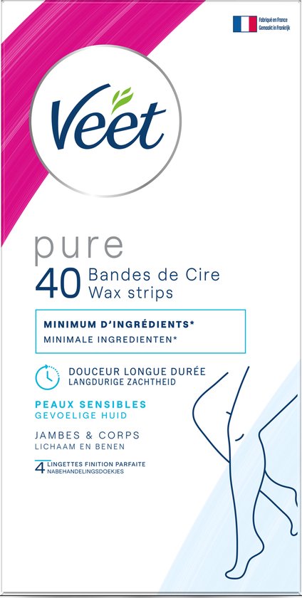 Veet Pure waxstrips voor gevoelige huid, 40 stuks, voor lichaam en benen. Verpakking met logo en gestileerde benen.