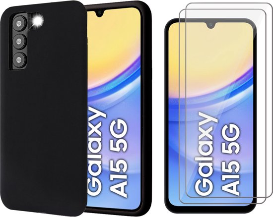 Hoesje geschikt voor Samsung Galaxy A15 - 2x Screenprotector Glas - Mat Back Case Zwart