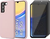 Hoesje geschikt voor Samsung Galaxy A15 - 2x Privacy Screenprotector Volledig Dekkend Glas - Mat Back Case Roze