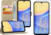 Hoesje geschikt voor Samsung Galaxy A15 - Screenprotector Glas - Portemonnee Book Case Goud