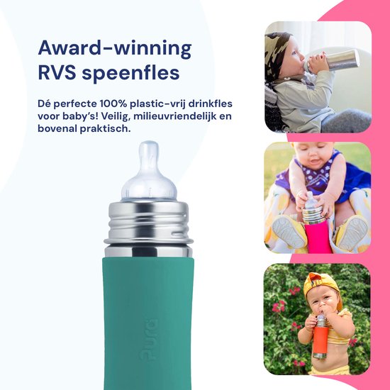 Pura Speenfles 325 ml - Plasticvrij - Drinkfles - Voorkomt Maagkrampen - Vaatwasserbestendig - Inclusief Siliconen Speen, Reisdop en Sleeve - Top is Verwisselbaar - Veelzijdig - Mint van Merkloos — afbeelding 2