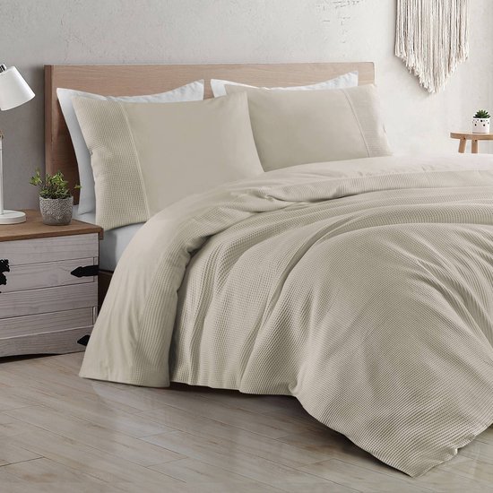 Papillon Dekbedovertrek Mendoza Wafel Zand - 140x200/220 cm - Hoogwaardige Percale Katoen Super Zacht van Papillon — afbeelding 2