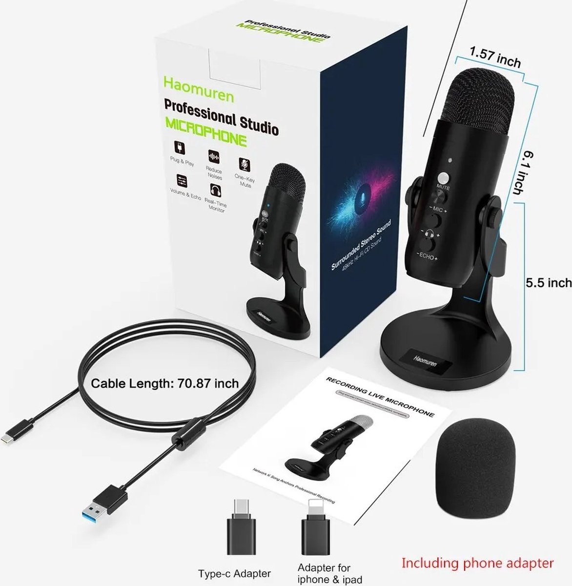 Usb Microfoon - Microfoon - Microfoon Met Telefoon Adapter - Hoofdtelefoon Uitgang - voor Pc - Mac - Gaming - Opname - Streaming - Podcasting