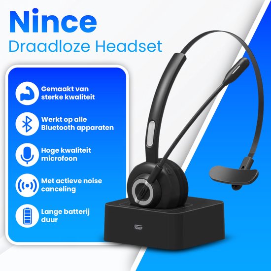 Nince Draadloze Headset met Microfoon – Bluetooth Headset – Draadloos – Headset Met Microfoon - Voor Laptop, PC & Smartphone – Zwart