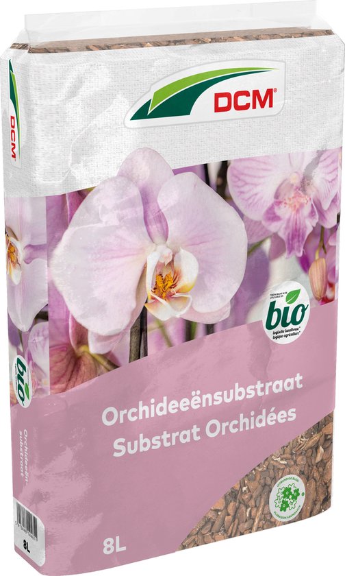 Witte zak met roze gedeelte en een close-up van een roze orchidee. DCM Orchideeënsustraat.