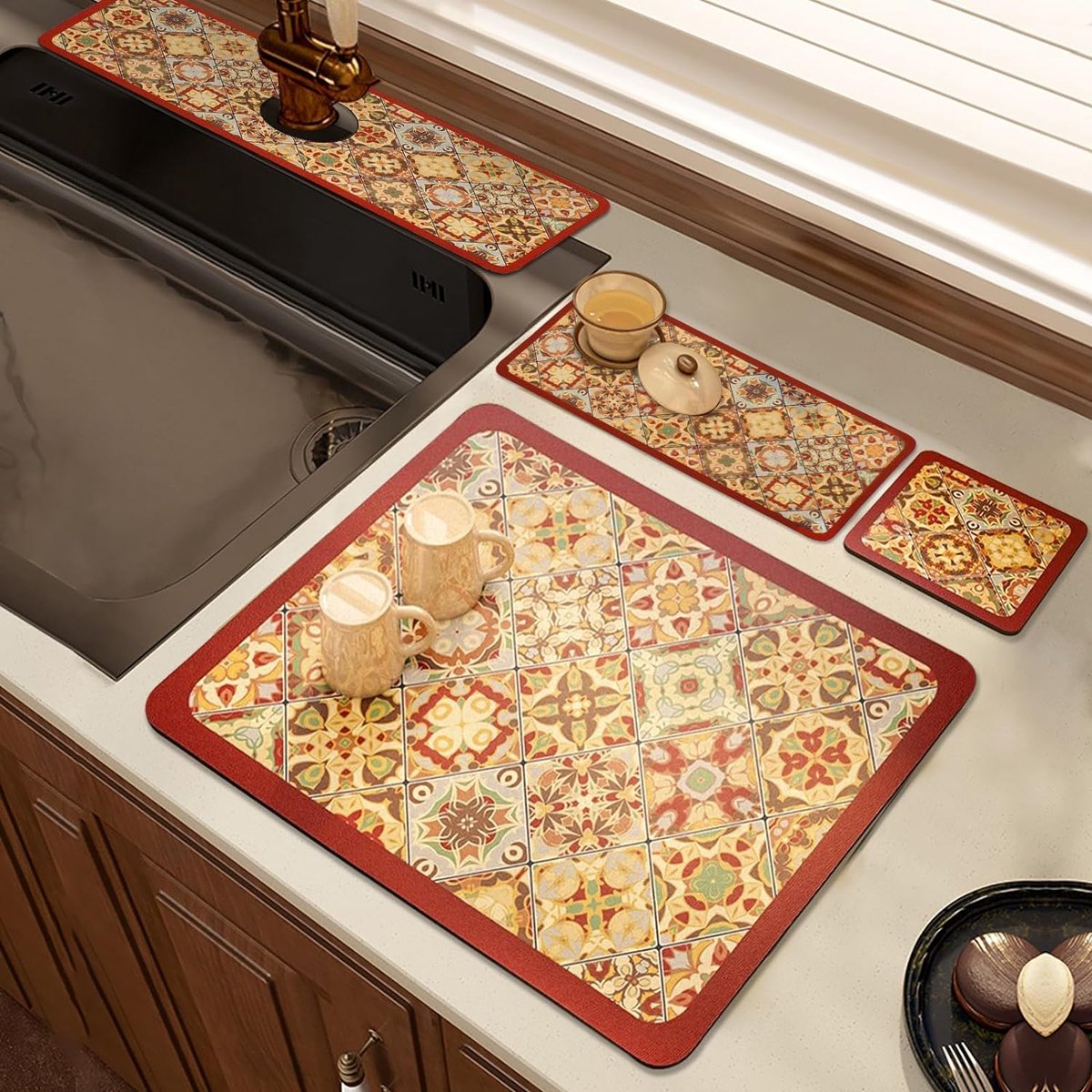 Goedkoopste Afdruipmat voor gootsteen, servies, kraanset, koffiezetapparaat, onderlegger, absorberende droogmat, sneldrogend, kiezelgoer, koffiemat, mozaïek voor keuken, 40 x 30 cm