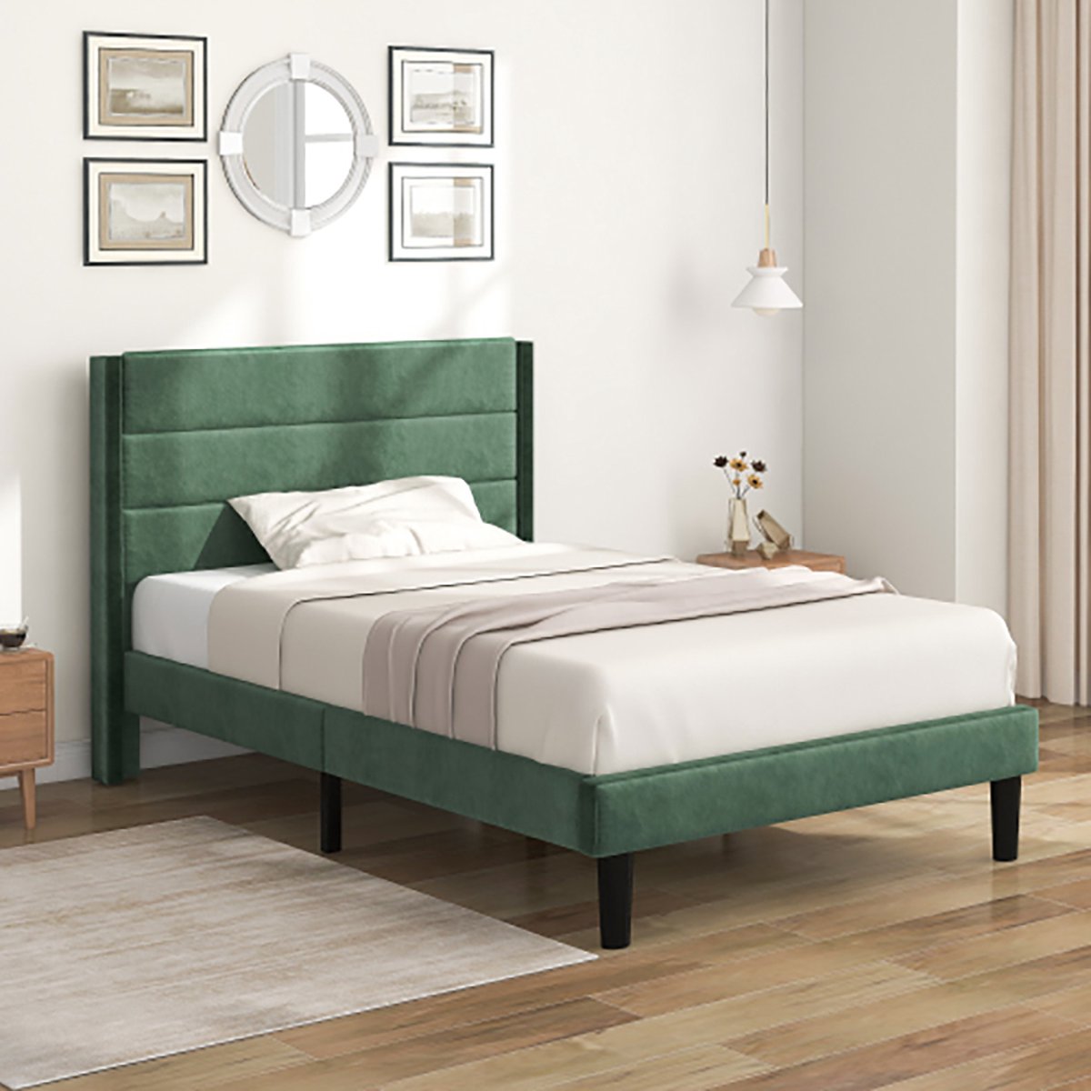 Sweiko Gestoffeerd bed - 90 x 200 cm - Met lattenbodem & hoofdeinde - Eenpersoonsbed - Jeugdbed - Velvet - Groen