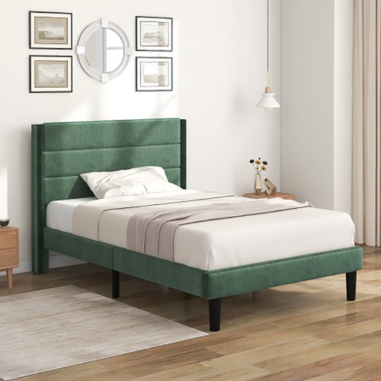 Lit rembourré Sweiko 90 x 200 cm, cadre de lit avec sommier à lattes et tête de lit, lit double rembourré, revêtement en velours vert foncé, design moderne et intemporel, lit d'adolescent