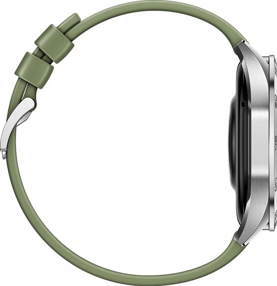 Zilverkleurig horloge met een groene composieten band, gezien vanaf de zijkant.