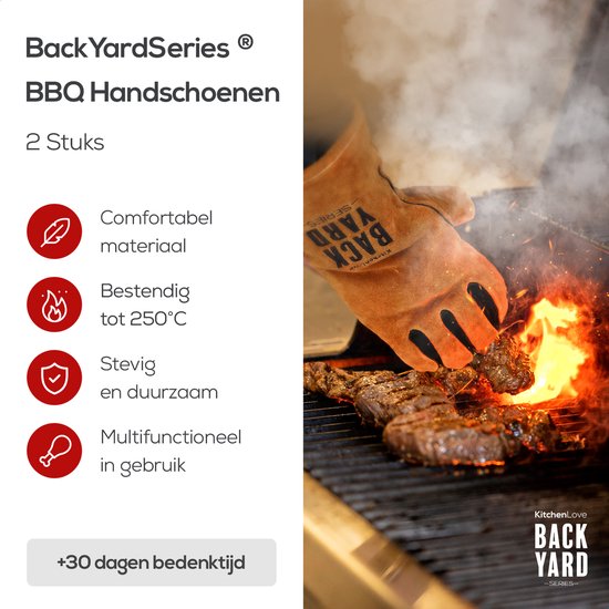 Bruine leren barbecue handschoen houdt vlees boven vlammen. "BBQ Handschoenen" tekst.