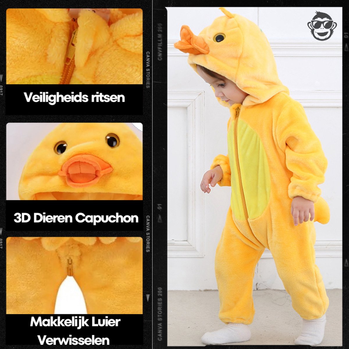 BoefieBoef Dieren Baby Onesie Peuter Pyjama Kinderen 6 maanden tot 2 jaar – Eend – Verkleedkleding met Luierrits – Carnaval Dierenpak - Kerst en Kraamcadeau Tip – Zacht Flanel - Romper - Boxpak - Jongens - Meisjes - Kruippak - Winterpak - Geel - Duck — afbeelding 5