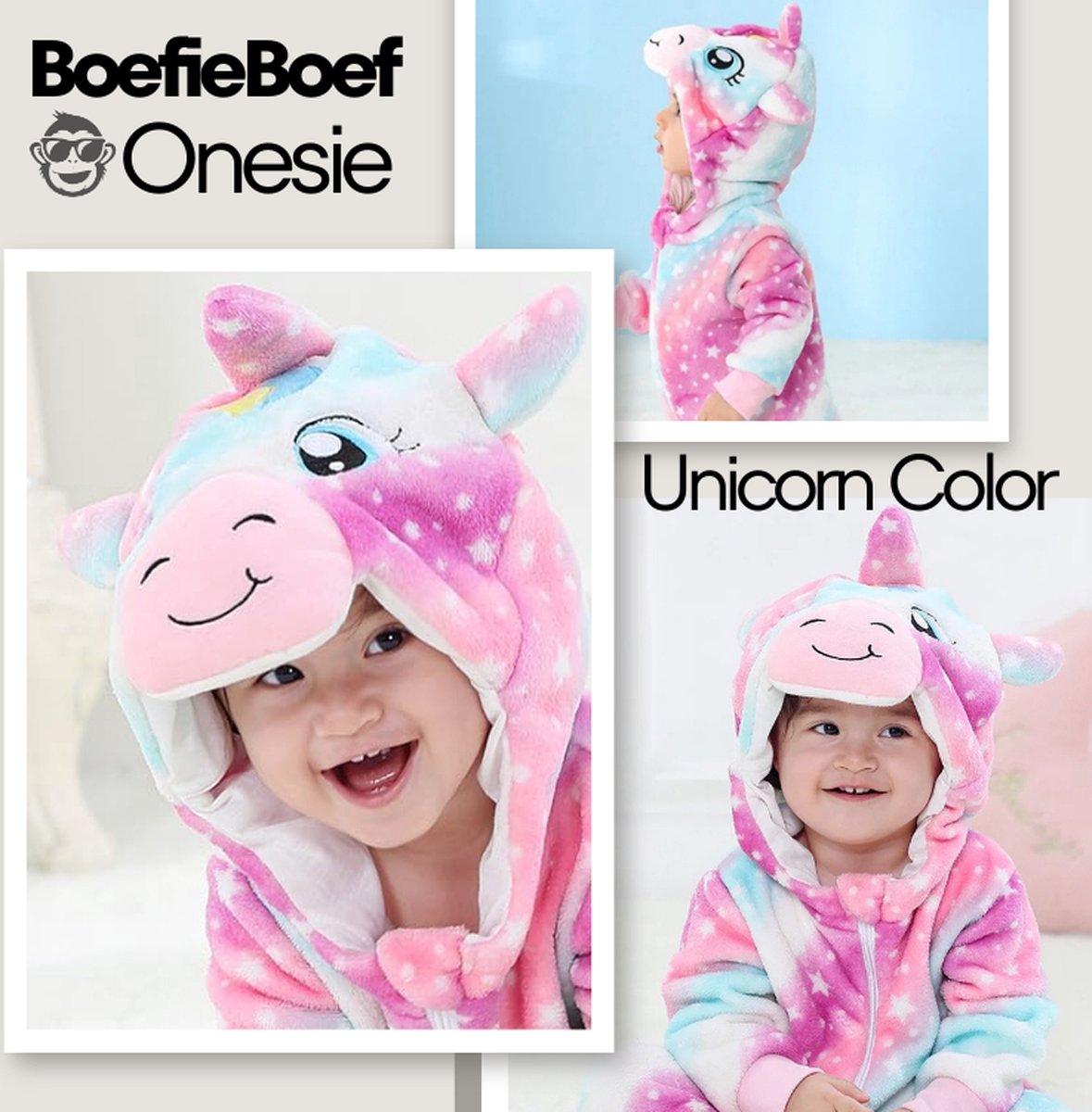 BoefieBoef Dieren Onesie Pyjama Kinderen 6m-2jr – Eenhoorn – Verkleedkleding met Luierrits – Carnaval Dierenpak - Kerst en Kraamcadeau Tip – Zacht Flanel - Romper - Boxpak - Jongens - Meisjes — afbeelding 4