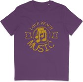 Heren Dames T Shirt - Print en Tekst: Love Peace Music - Paars - L