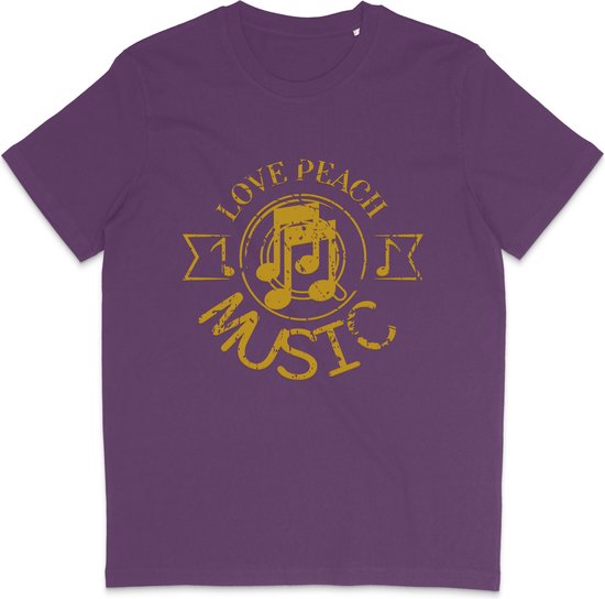 Heren Dames T Shirt - Print en Tekst: Love Peace Music - Paars - L