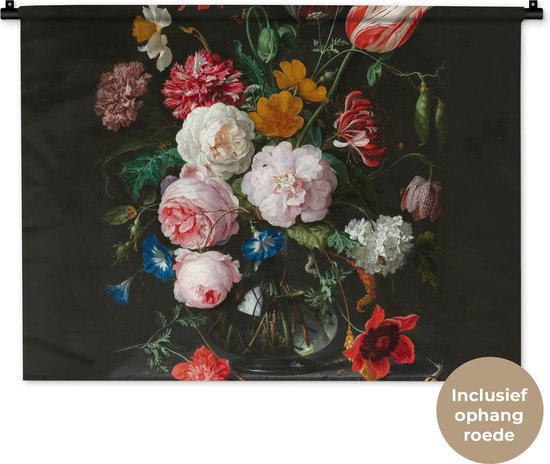 Wandkleed - Wanddoek - Stilleven met bloemen in een glazen vaas - Schilderij van Jan Davidsz. de Heem - 90x67.5 cm - Wandtapijt