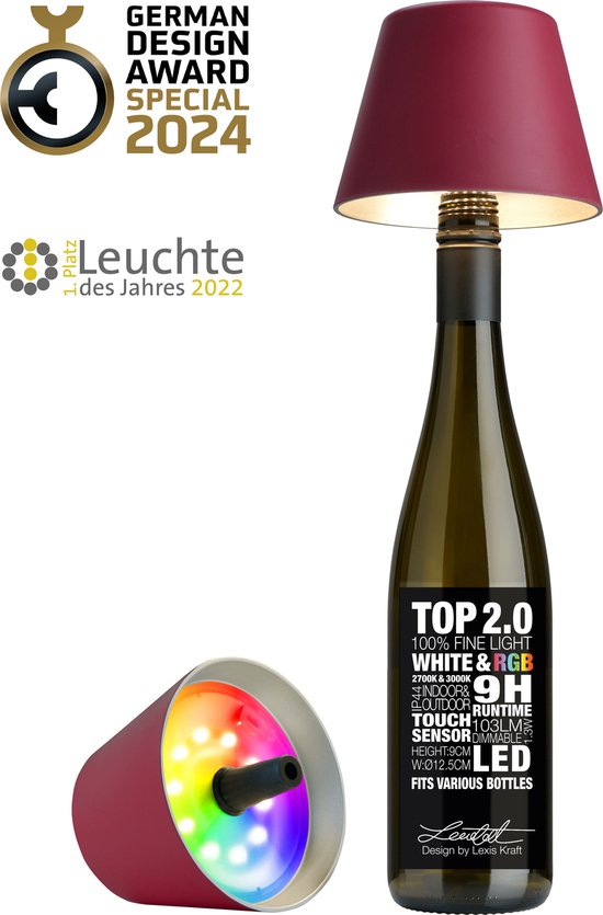 Lampe bouteille Sompex " TOP " avec bouchon durable 2.0 | Led| Bordeaux - intérieur / outdoor - rechargeable | RGB