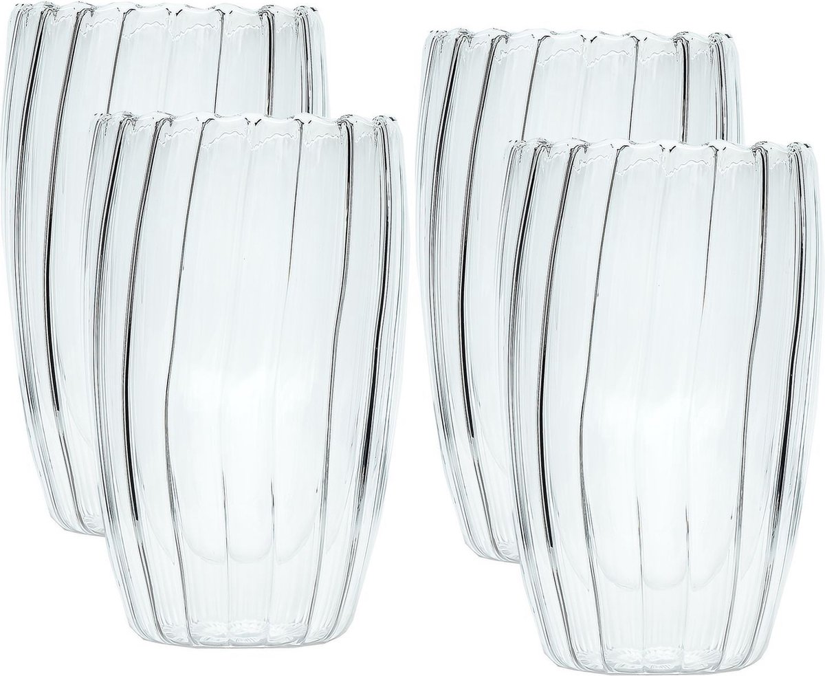 Intirilife 4x Dubbelwandig thermoglas - Gestreepte stijl - 350 ml inhoud - Mondgeblazen geïsoleerd voor latte macchiato, als theeglas of koffieglas met handvat