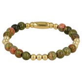 *Damesarmband goudkleurig met Unakite edelsteen elastisch - Luxe goudkleurige armband door combinatie van Unakite edelstenen met edelstalen balletjes - Met luxe cadeauverpakking