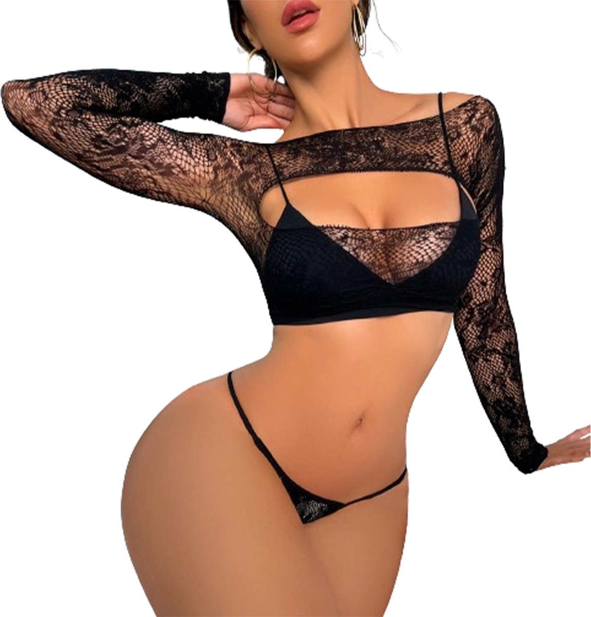 Goedkoopste Transparante verleidelijke lingerie - Open Decolleté - Topje Slipje - Sexy lange mouwen - Erotische set - Zwart - Visnet - One Size