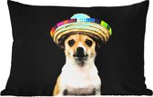Buitenkussens - Tuin - Hond met Mexicaans hoedje op zwarte achtergrond - 50x30 cm