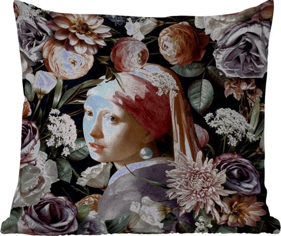 Buitenkussen - Meisje met de parel - Bloemen - Vermeer - Pastel - Kunstwerk - Schilderij - Oude meesters - 45x45 cm - Weerbestendig
