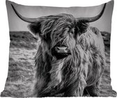 Buitenkussen - Schotse hooglander - Natuur - Koe - Zwart - Wit - 45x45 cm - Weerbestendig