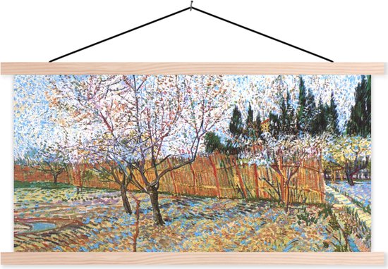 Posterhanger incl. Poster - Schoolplaat - Bloeiende perzikboom - Vincent van Gogh - 150x75 cm - Blanke latten