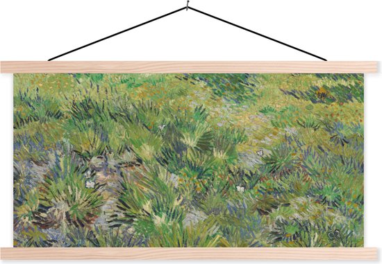 Posterhanger incl. Poster - Schoolplaat - Grasveld met bloemen en vlinders - Vincent van Gogh - 150x75 cm - Blanke latten