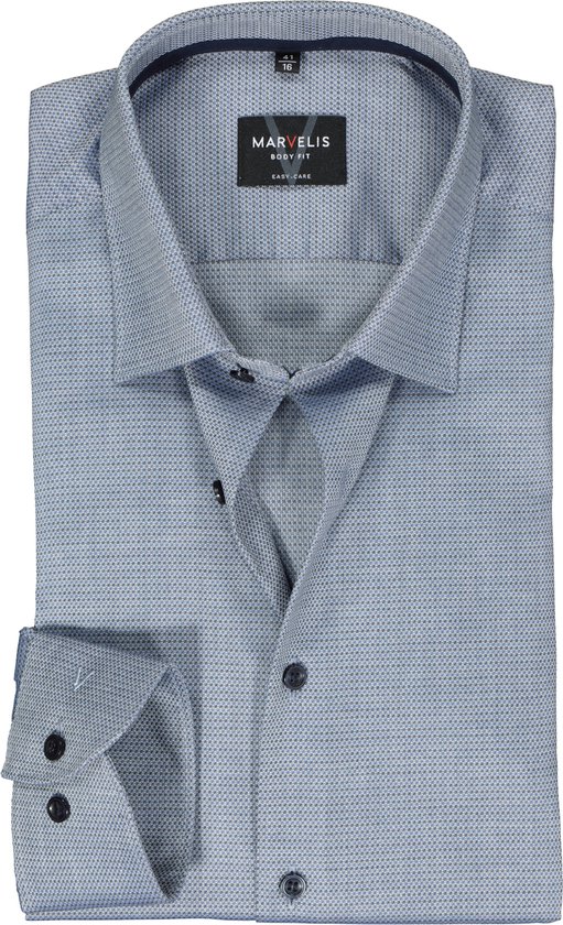 MARVELIS body fit overhemd - mouwlengte 7 - structuur - donkerblauw mini dessin - Strijkvriendelijk - Boordmaat: 40