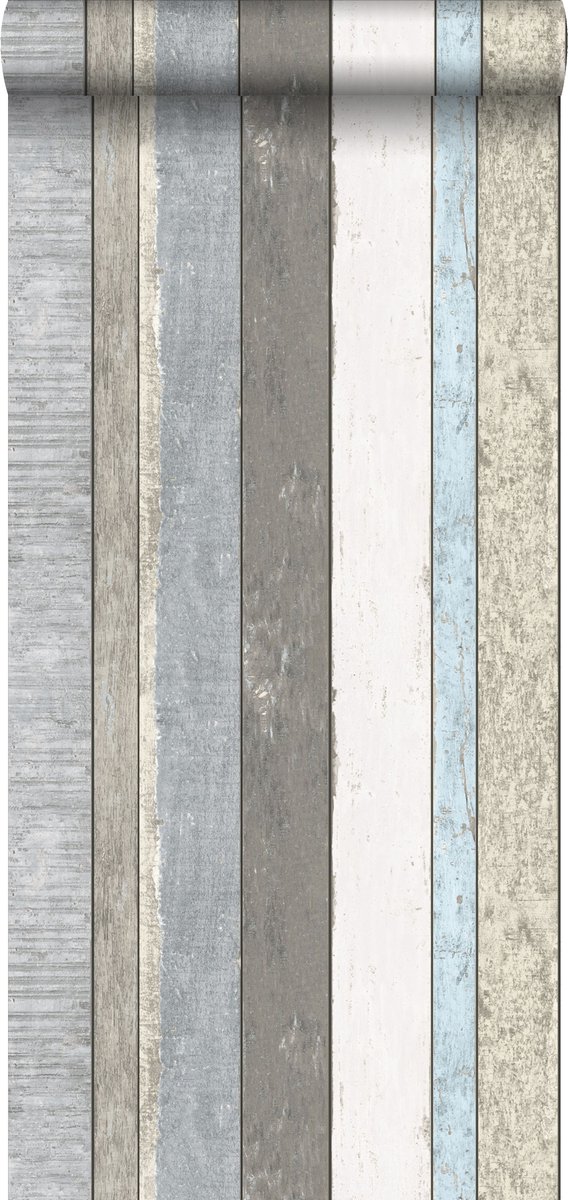 Walls4You behang verweerde houten planken grijs, blauw en beige - 935286 - 53 cm x 10,05 m