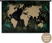 Wandkleed WereldkaartenKerst illustraties - Zandkleurige wereldkaart op zwarte achtergrond met tropische bladeren en blauwe bloemen Wandkleed katoen 150x100 cm - Wandtapijt met foto