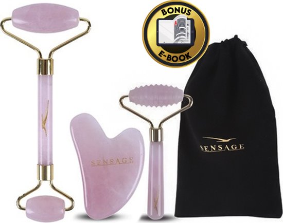 Sensage rozenkwarts roller met Gua Sha steen | Massage jade roller | 100% natuurlijk rose quartz | Gezichtsroller | Face roller | Roller | Gezichtsmassage | 4-delige Beauty set