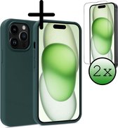 Hoes Geschikt voor iPhone 15 Pro Hoesje Siliconen Back Cover Case Met 2x Screenprotector - Hoesje Geschikt voor iPhone 15 Pro Hoes Cover Hoesje - Donkergroen