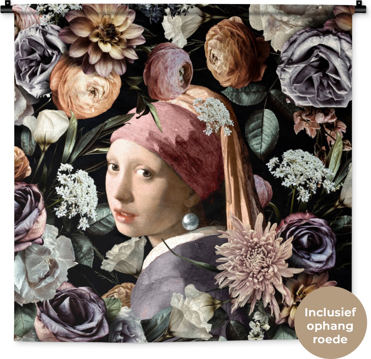 Wandkleed - Wanddoek - Meisje met de parel - Bloemen - Vermeer - Pastel - Kunstwerk - Schilderij - Oude meesters - 90x90 cm - Wandtapijt