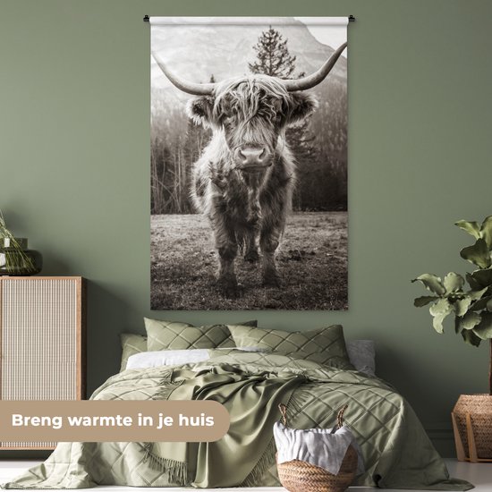 Tenture murale - Tissu mural - Highlander écossais - Animaux - Zwart - Wit - 120x180 cm - Tapisserie