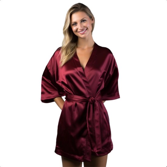 Moondrops - Kimono dames - 100% Satijn - Badjas - S/M - Pyjama dames - Cadeau voor vrouw - Rood