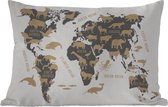 Buitenkussens - Tuin - Donkere wereldkaart met illustraties van silhouetten van dieren en namen van continenten en oceanen - 60x40 cm