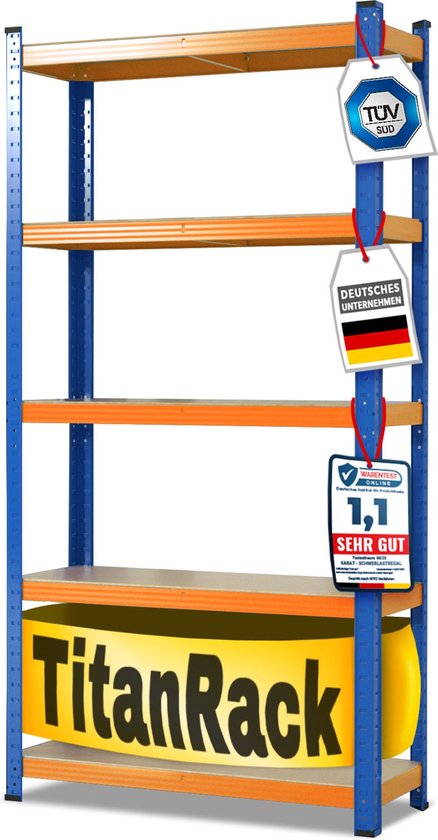 Foto: Floordirekt rekken voor zwaar gebruik titan rack opbergrek blauw oranje 220 x 120 x 45 cm