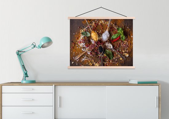 Porte-affiche avec affiche - Affiche scolaire - Épices - Herbes - Cuillères - Sel - Marron - Cuisine - 60x45 cm - Lattes vierges