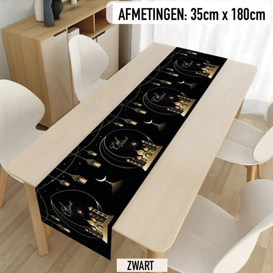 Ramadan Tafelkleed Versiering | Eid Mubarak Decoratie Tafelloper | Suikerfeest Party Feest (35cm x 180cm) - Zwart / Goud