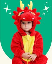 BoefieBoef Chinese Draak Rood Dieren Onesie & Pyjama voor Baby & Dreumes en Peuter tm 18 maanden - Kinder Verkleedkleding - Dieren Kostuum Pak - Geel