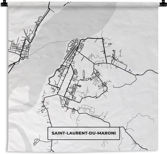 Wandkleed - Wanddoek - Stadskaart - Saint-Laurent-du-Maroni - Plattegrond - Kaart - Frankrijk - Zwart wit - 150x150 cm - Wandtapijt