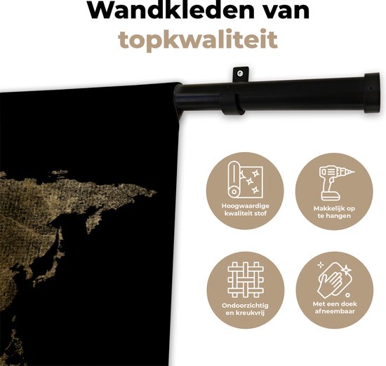 Tapisserie Cartes du mondeIllustrations de Noël - Carte du monde doré avec motif texturé sur fond noir Tapisserie coton 120x80 cm - Tapisserie avec photo