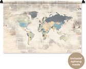 Wandkleed WereldkaartenKerst illustraties - Wereldkaart met landen in verschillende kleuren met een achtergrond van krantenpapier Wandkleed katoen 90x60 cm - Wandtapijt met foto